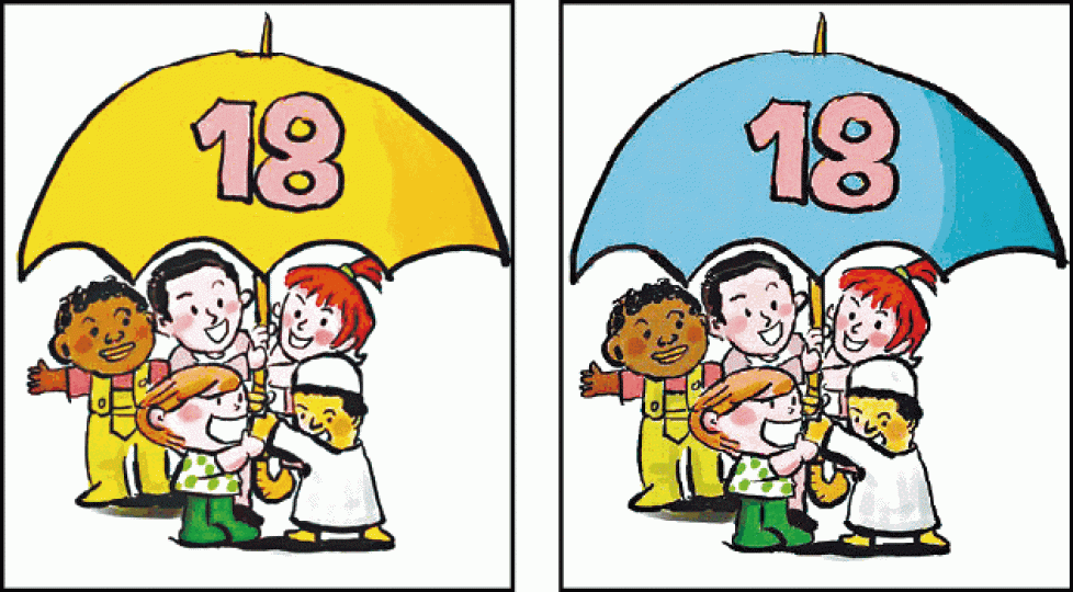 港府印製新版《兒童權利公約》小冊子,將內頁黃色雨傘圖畫(左圖)改為藍色(右圖)。
港府印製新版《兒童權利公約》小冊子,將內頁黃色雨傘圖畫(左圖)改為藍色(右圖)。