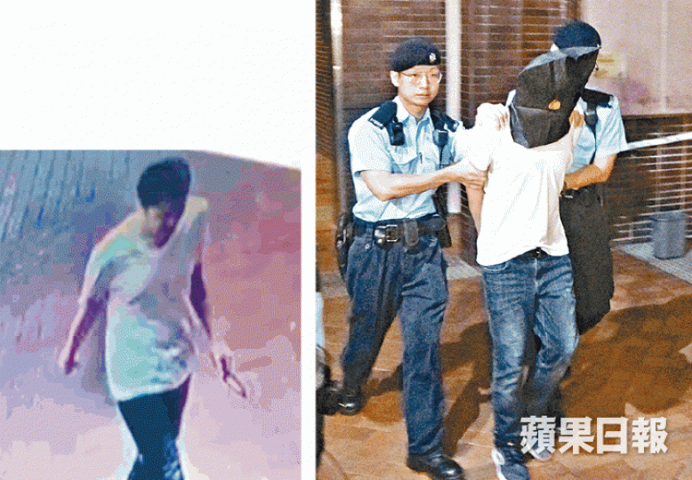 一名白衣持刀男在港大校園形迹可疑（左圖），警方接報到場搜索將其拘捕。鄭大康攝