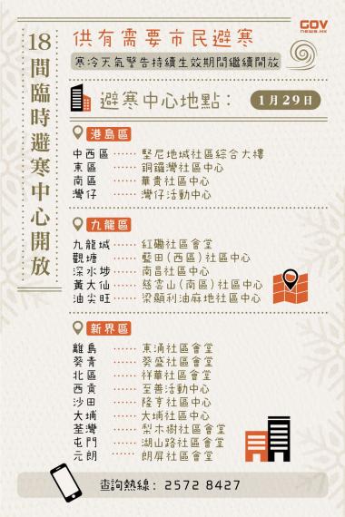 民政事務總署開放 
1️⃣8️⃣ 間臨時避寒中心...