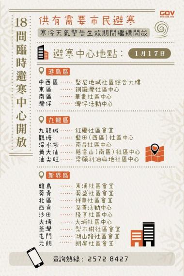 民政事務總署開放 
1️⃣8️⃣ 間臨時避寒中心...