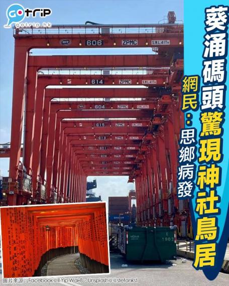 喺葵涌貨櫃碼頭影咗張相，相片中紅色嘅起重機同日本嘅鳥居有幾分相似...