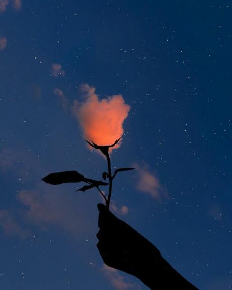 把雲朵結合剪影，變出飄在半空中的玫瑰花...