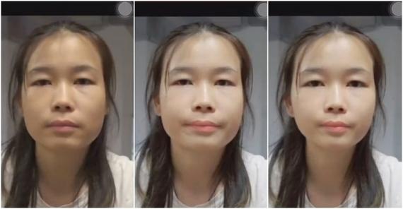 開啟美顏功能後,皮膚白滑了不少(中),下巴也變尖了(右) 開啟美顏功能後,皮膚白滑了不少(中),下巴也變尖了(右)